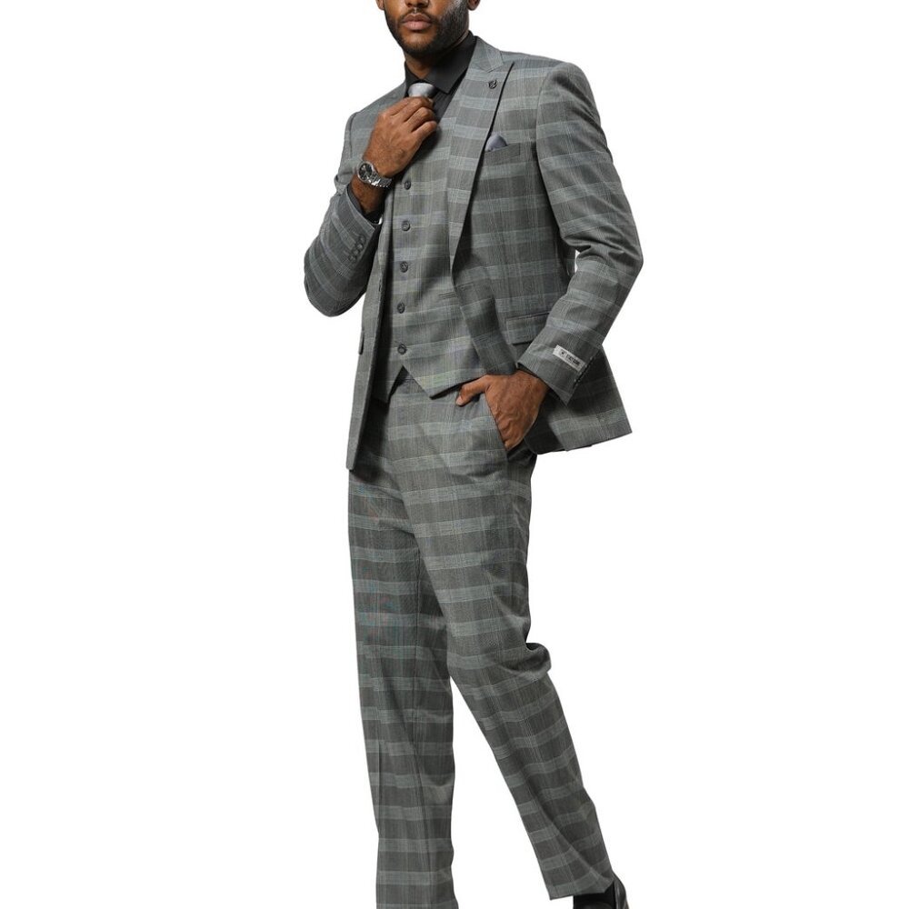 Grey Glen Check Plaid Peak Lapel 3 Piece Stacy Adams Men's Suit